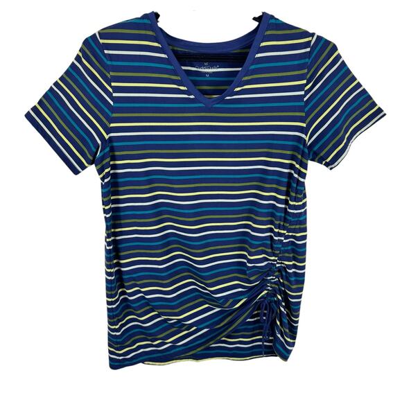 Cuddl Duds Blue Colorful Striped Short Sleeve V-Neck Ruched T-Shirt Size M - Picture 1 of 6